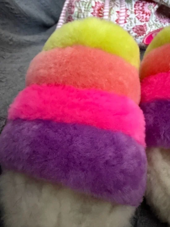 UGG Pink Neon Logo Shearling Slides - Picture 2 of 4